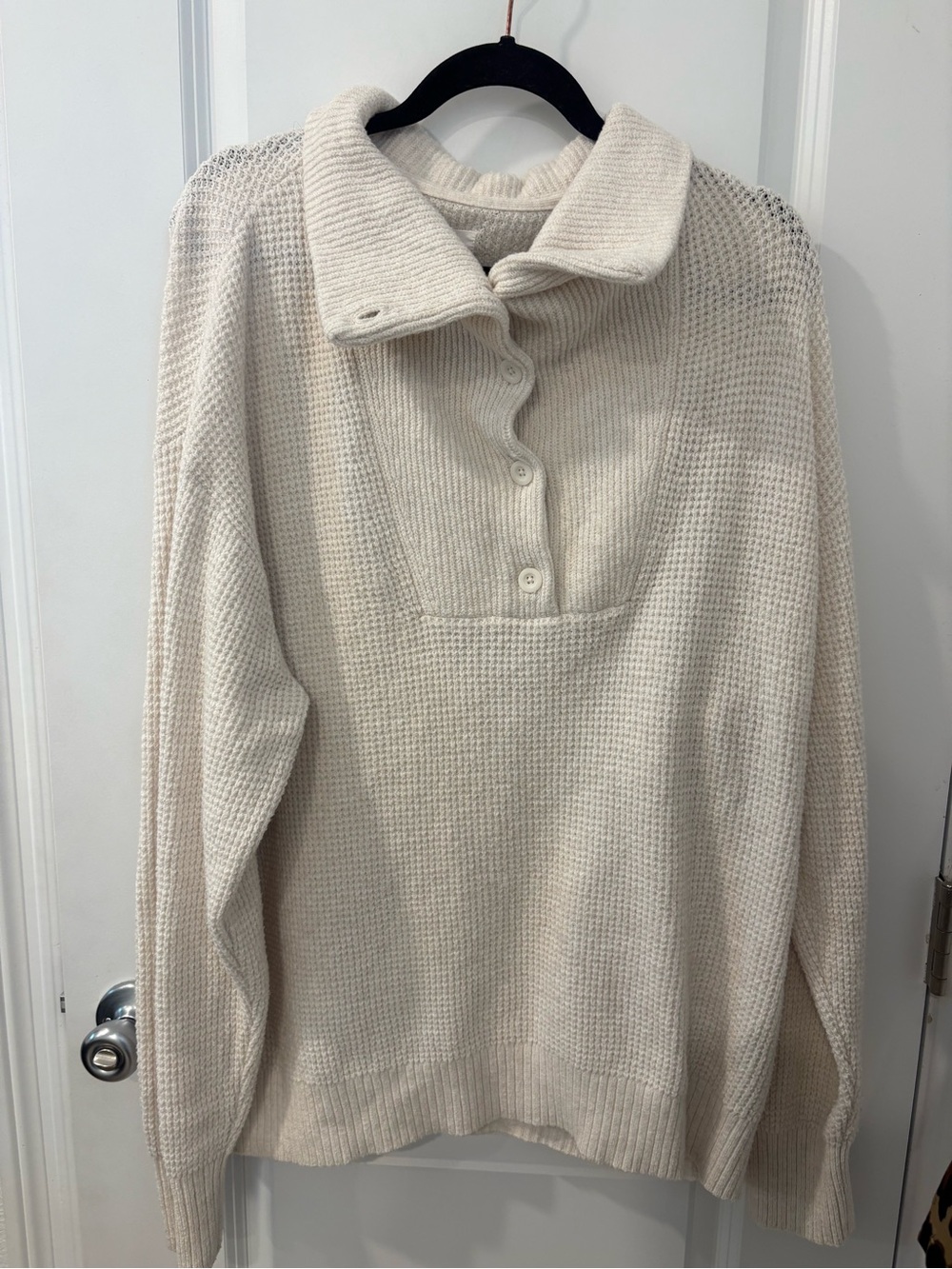 aerie Cream Waffle Knit Button-Collar Sweater